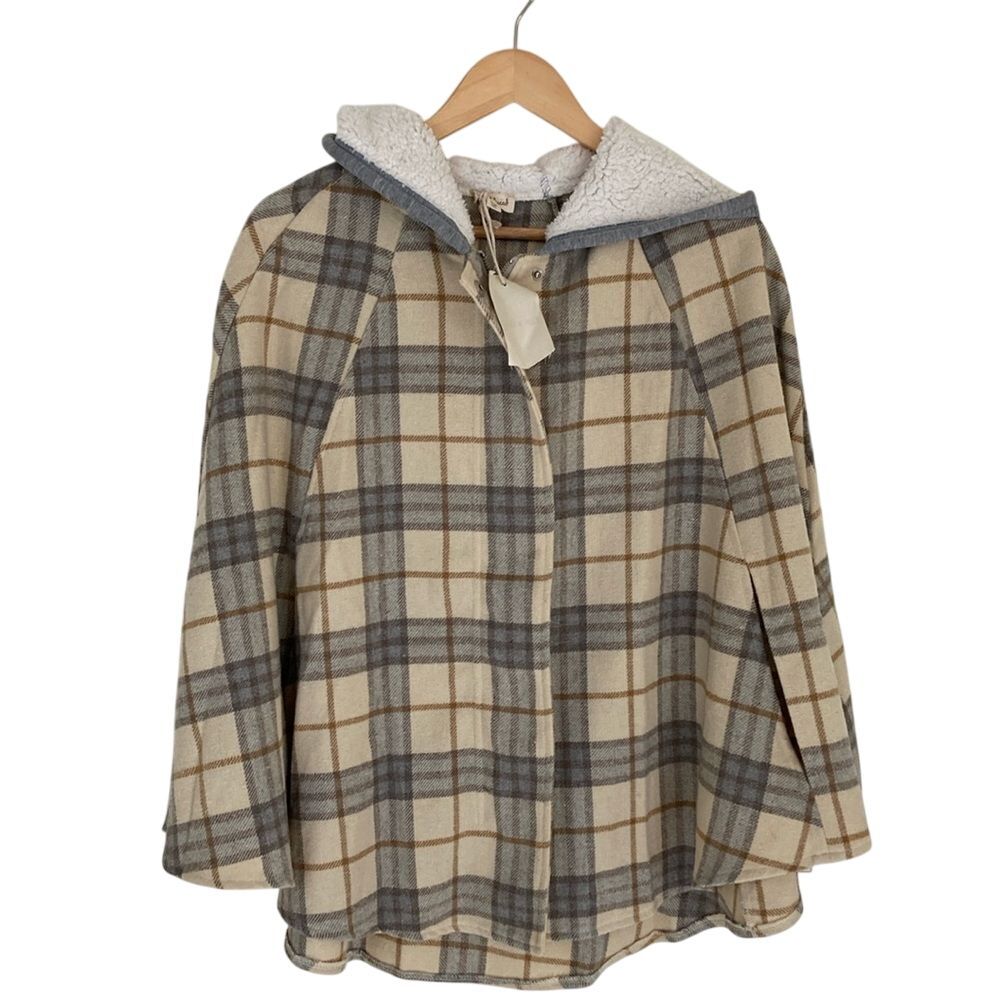 Hem & Thread Womens Highland Harmony Poncho Cape Plaid‎ Size SM Cream Grey Tan